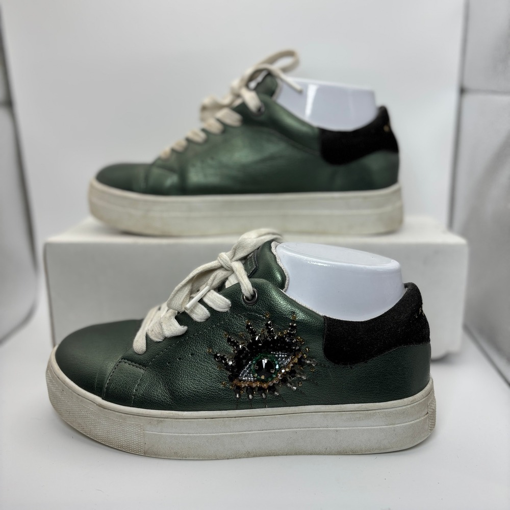 Kurt Geiger Green Leather Embellished Eye Sneakers with Black Heel